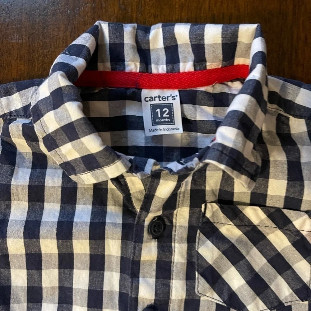 Carters | Blue and White Plaid Button Down short sleeve | 12 mo